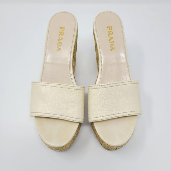 Prada Ivory Leather Slip On Wedge Sandals - Picture 5 of 13
